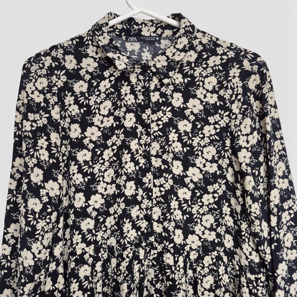 Zara Womens Size M Black Floral Tiered Babydoll Mini Dress Long Sleeve Collared - Picture 2 of 9